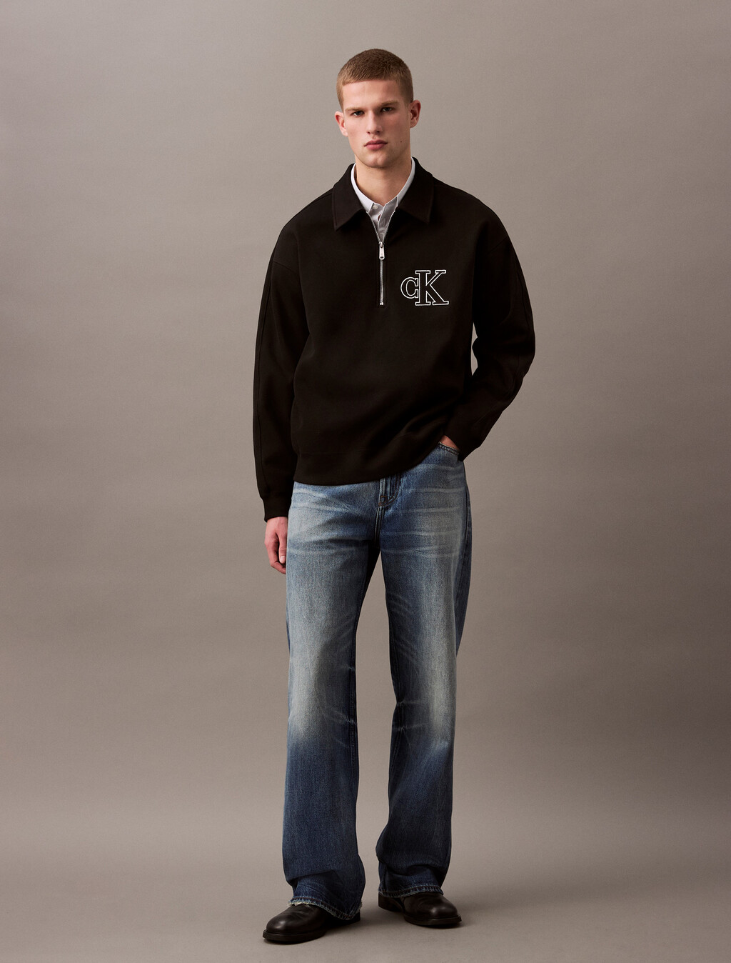 Rib-Knit-Logo-Applikation-Reißverschluss-Polo