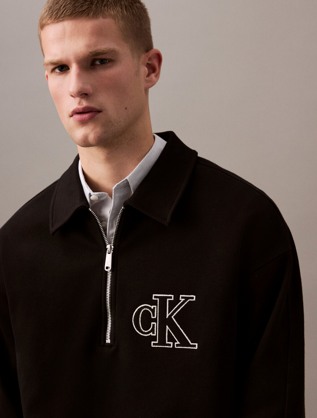 Rib-Knit-Logo-Applikation-Reißverschluss-Polo