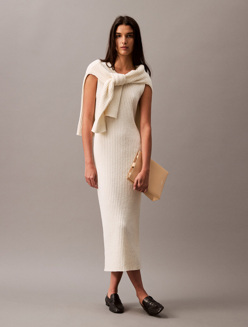 Boucle-Rundhals-Midi-Pullover-Kleid
