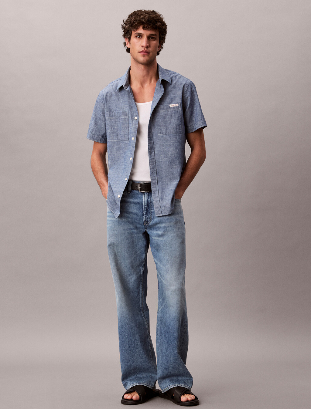 Baumwoll-Chambray-Shirt mit kurzen Ärmeln