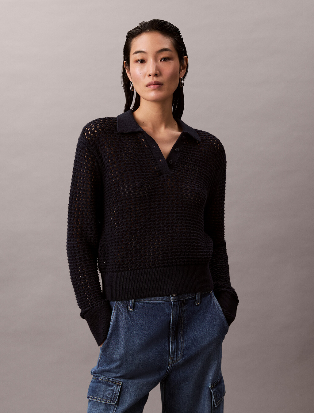 Neuartiger Baumwollpullover mit offenem Strickmuster